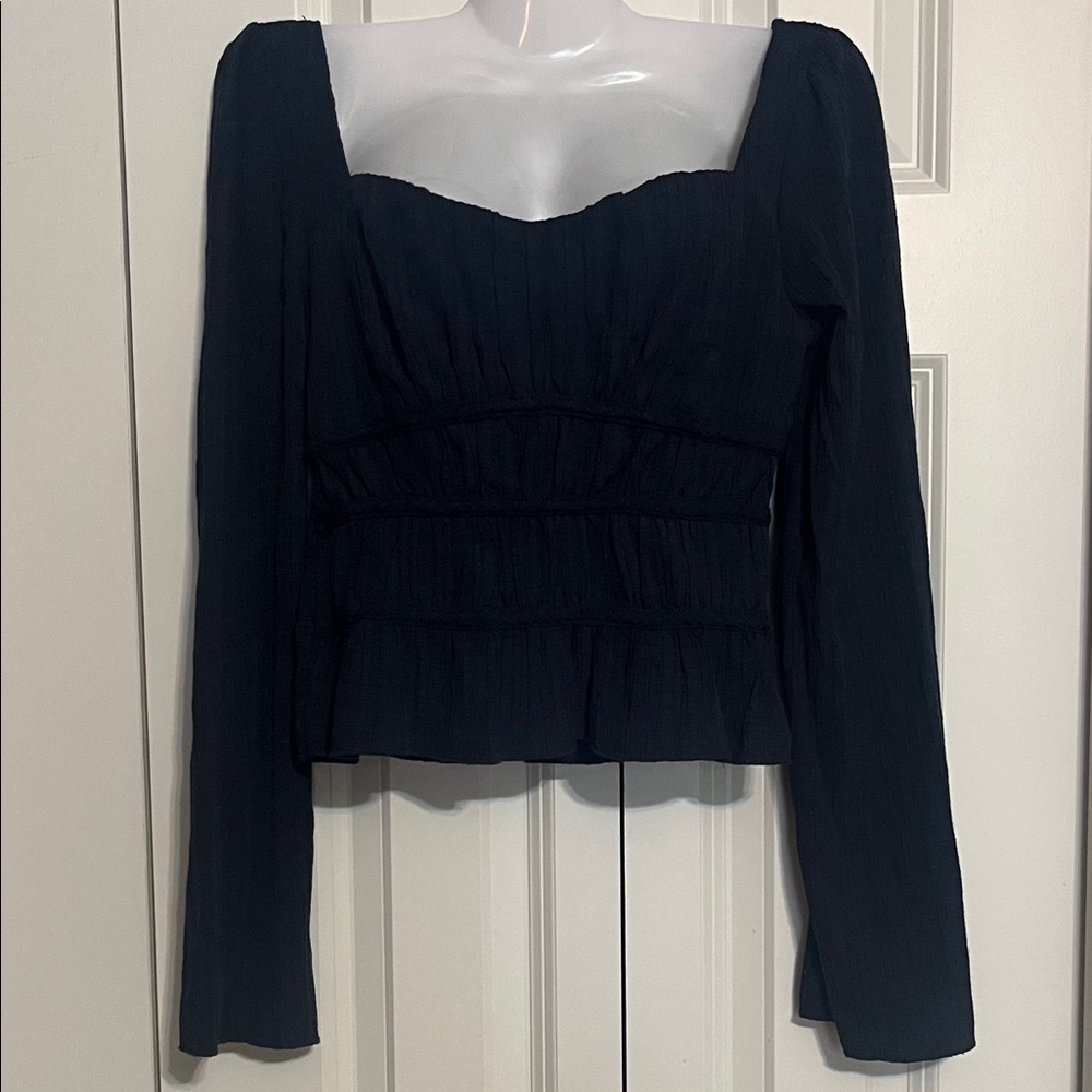 Kirious Los Angeles Navy Blue Ruched Waist Long Sleeve Crop Blouse S